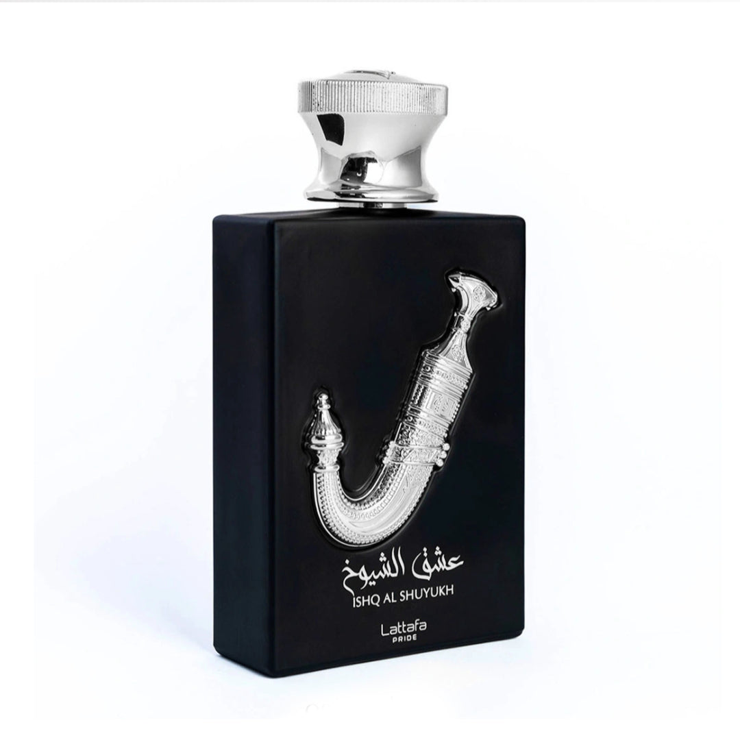 Ishq Al Shuyukh Silver de Lattafa 45º view