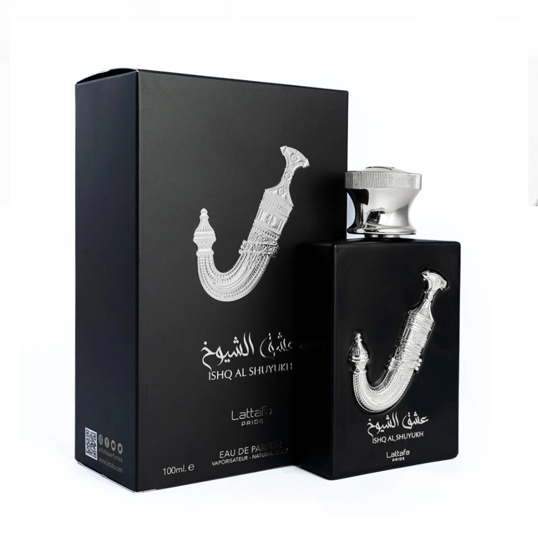 Ishq Al Shuyukh Silver de Lattafa Packaging